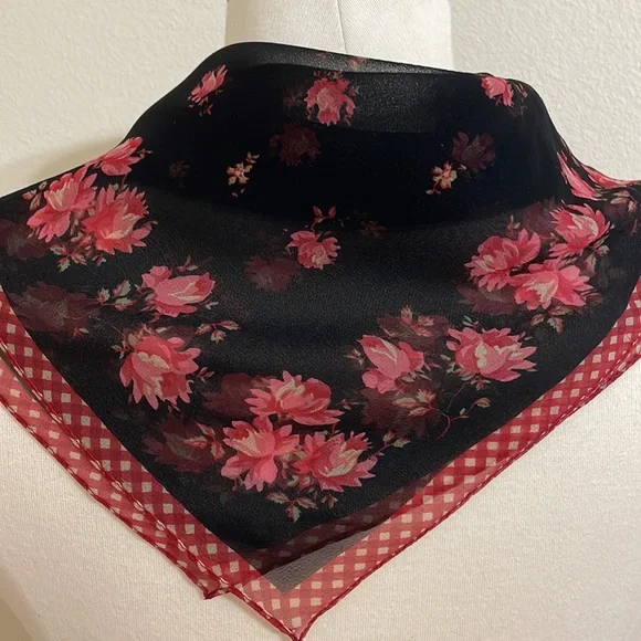VINTAGE 90s RALPH LAUREN Black Cranberry Red and White Chiffon Square Scarf - Picture 5 of 9
